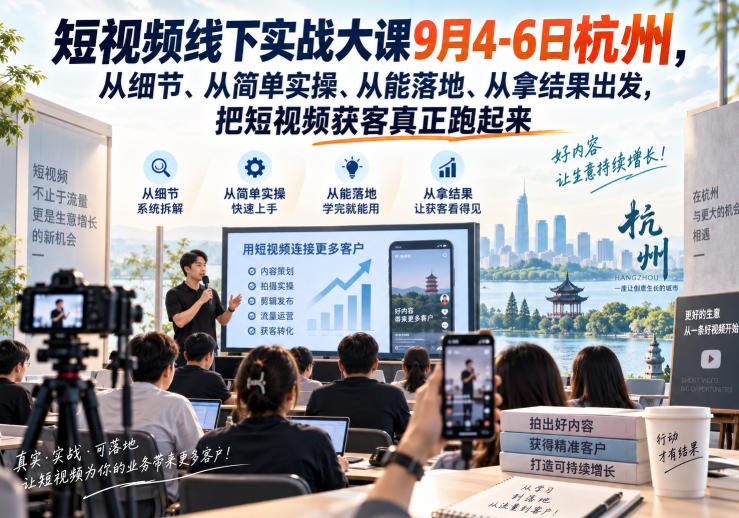 短视频线下实战大课9月4-6日杭州，从细节、从简单实操、从能落地、从拿结果出发，把短视频获客真正跑起来-源创文化