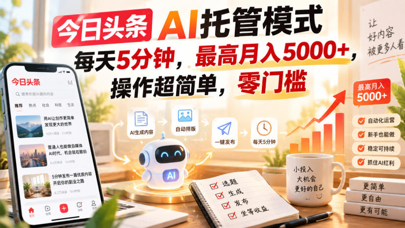 今日头条AI托管模式，每天5分钟，最高月入5000+，操作超简单，零门槛【揭秘】-源创文化