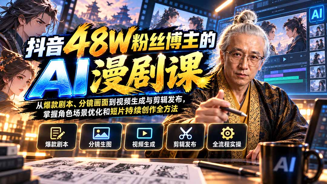 抖音48W粉丝博主的AI漫剧课：从爆款剧本、分镜画面到视频生成与剪辑发布，掌握角色场景优化和短片持续创作全方法-源创文化