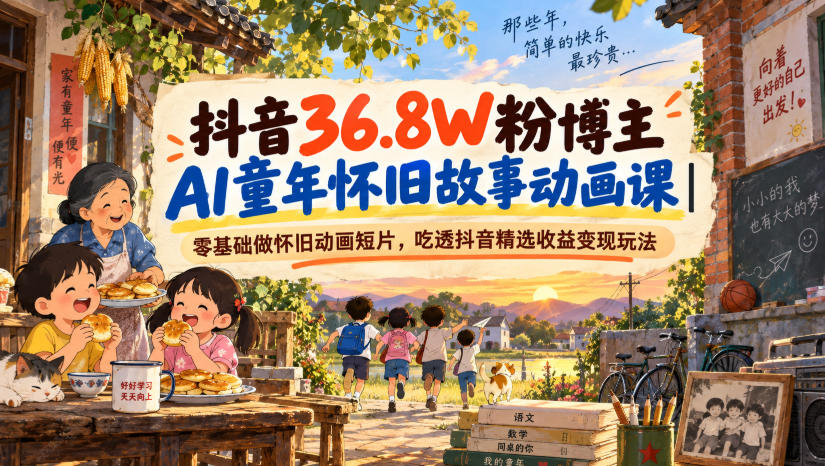 抖音36.8W粉博主AI童年怀旧故事动画课｜零基础做怀旧动画短片，吃透抖音精选收益变现玩法-源创文化