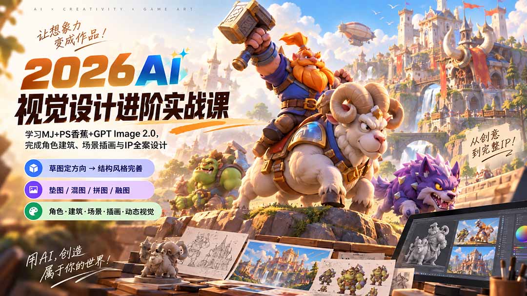 2026AI视觉设计进阶实战课-更新:学习MJ+PS香蕉+GPT Image 2.0,完成角色建筑、场景插画与IP全案设计-源创文化