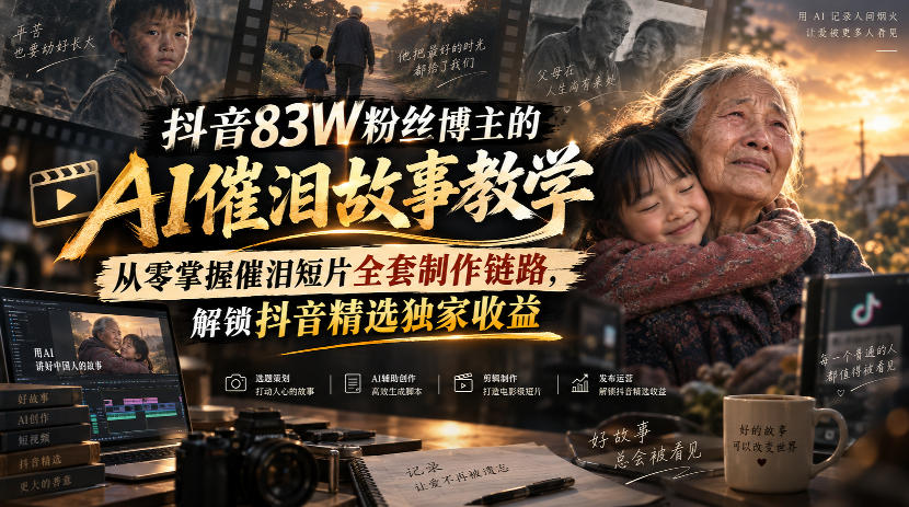 抖音83W粉丝博主的AI催泪故事教学,从零掌握催泪短片全套制作链路,解锁抖音精选独家收益-源创文化