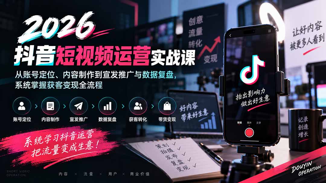 2026抖音短视频运营实战课：从账号定位、内容制作到宣发推广与数据复盘，系统掌握获客变现全流程-源创文化