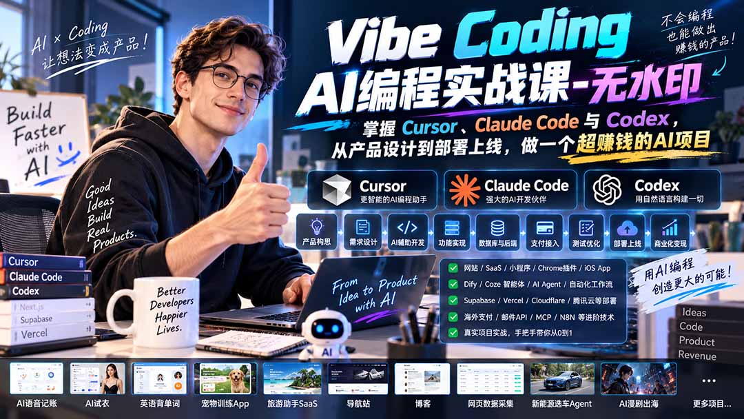 Vibe Coding AI编程实战课-无水印：掌握Cursor、Claude Code与Codex，从产品设计到部署上线，做一个超赚钱的AI项目-源创文化