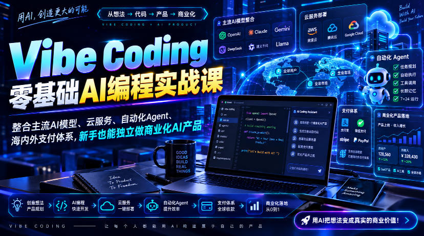 Vibe Coding零基础AI编程实战课-无水印,整合主流AI模型、云服务、自动化Agent、海内外支付体系,新手也能独立做商业化AI产品-源创文化