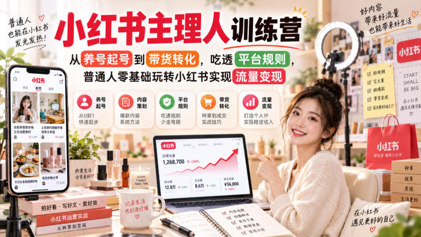 小红书主理人训练营,从养号起号到带货转化,吃透平台规则,普通人零基础玩转小红书实现流量变现-源创文化