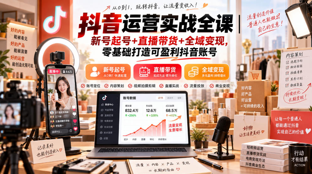 抖音运营实战全课|新号起号+直播带货+全域变现,零基础打造可盈利抖音账号-源创文化
