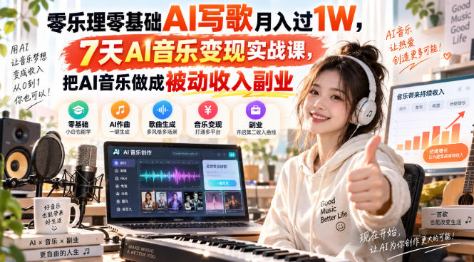 零乐理零基础AI写歌月入过1W，7天AI音乐变现实战课，把AI音乐做成被动收入副业-源创文化