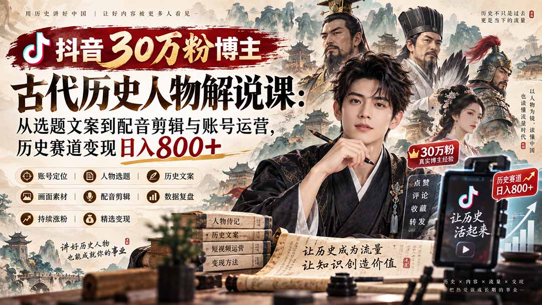 抖音30万粉博主古代历史人物解说课:从选题文案到配音剪辑与账号运营,历史赛道变现日入800+-源创文化