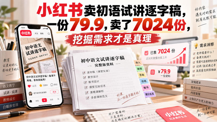 小红书卖初语试讲逐字稿,一份79.9,卖了7024份,挖掘需求才是真理-源创文化