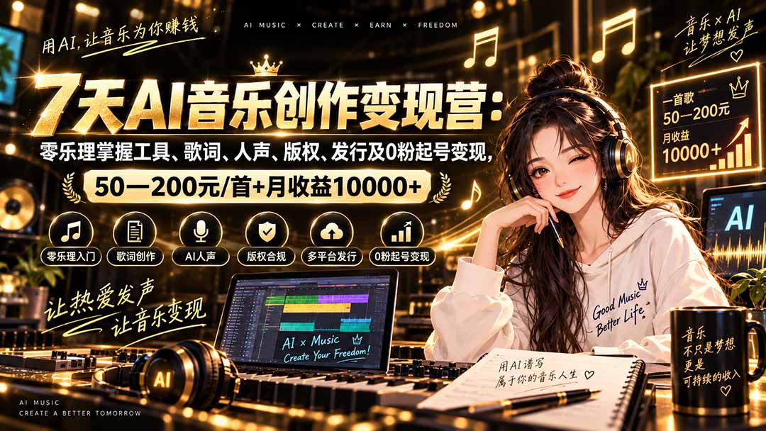 AI音乐创作变现营:零乐理掌握工具、歌词、人声、版权、发行及0粉起号变现,50—200元/首+月收益10000+-源创文化
