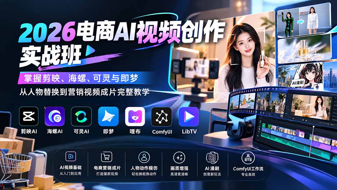 2026电商AI视频创作实战班:掌握剪映、海螺、可灵与即梦,从人物替换到营销视频成片完整教学-源创文化