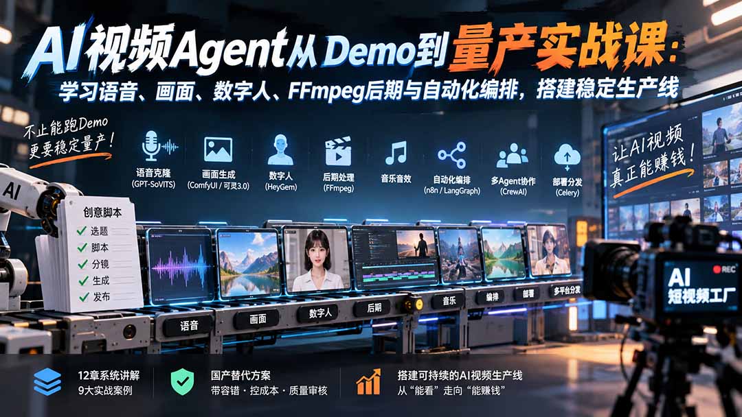 AI视频Agent从Demo到量产实战课:学习语音、画面、数字人、FFmpeg后期与自动化编排,搭建稳定生产线-源创文化
