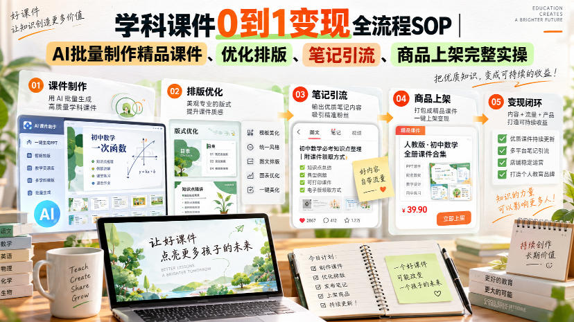 学科课件0到1变现全流程SOP|AI批量制作精品课件、优化排版、笔记引流、商品上架完整实操-源创文化