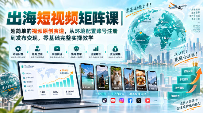 出海短视频矩阵课|超简单的视频原创赛道,从环境配置账号注册到发布变现,零基础完整实操教学-源创文化