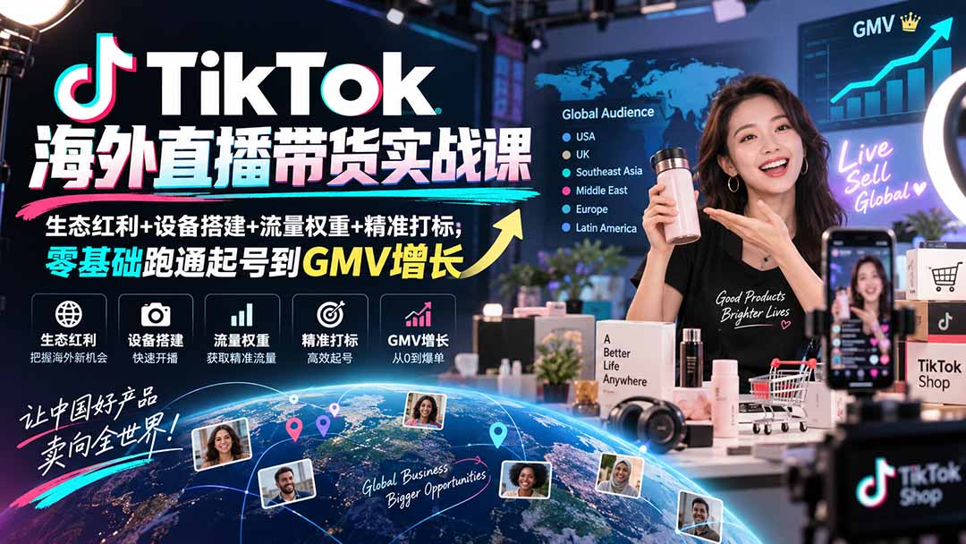 TikTok海外直播带货实战课|生态红利+设备搭建+流量权重+精准打标,零基础跑通起号到GMV增长-源创文化