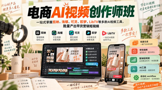 电商AI视频创作师班，一站式掌握剪映、海螺、可灵、即梦、LibTV等多款AI视频工具，批量产出带货营销短视频-源创文化