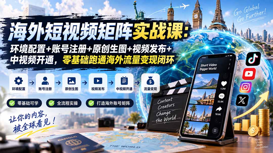 海外短视频矩阵实战课：环境配置+账号注册+原创生图+视频发布+中视频开通，零基础跑通海外流量变现闭环-源创文化