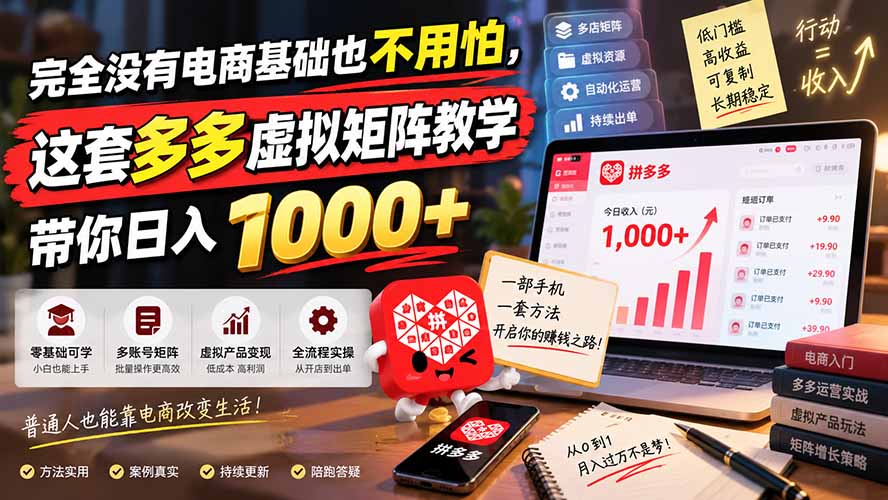 完全没有电商基础也不用怕,这套多多虚拟矩阵教学带你日入 1000+-源创文化