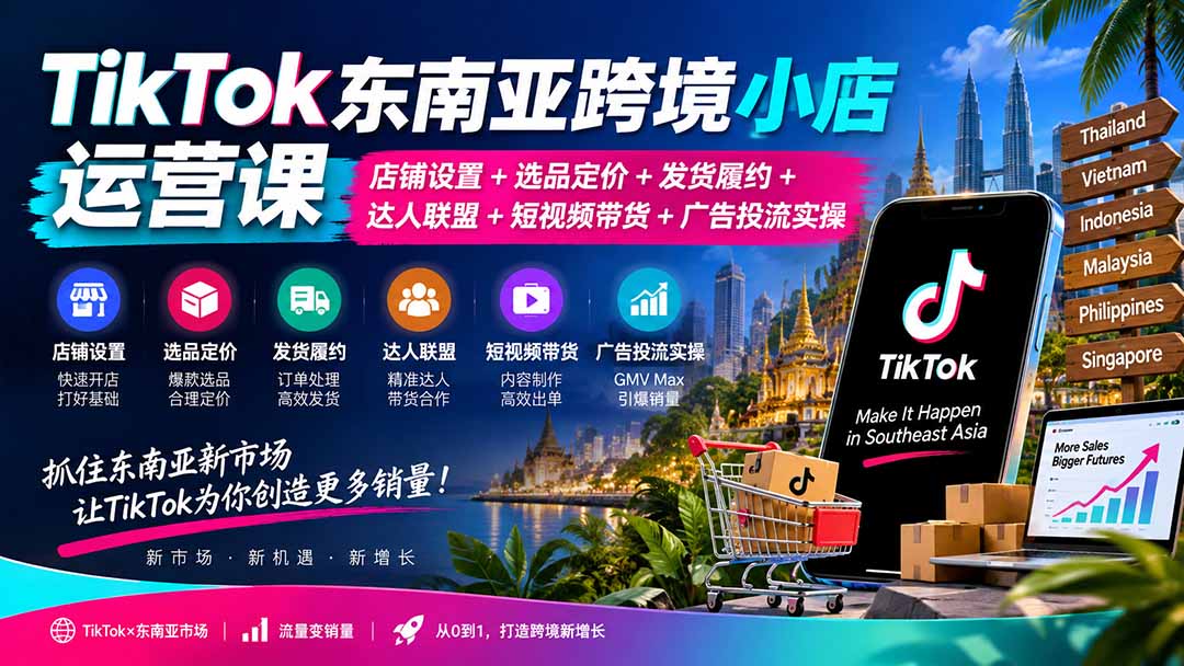 TikTok东南亚跨境小店运营课:店铺设置+选品定价+发货履约+达人联盟+短视频带货+广告投流实操-源创文化