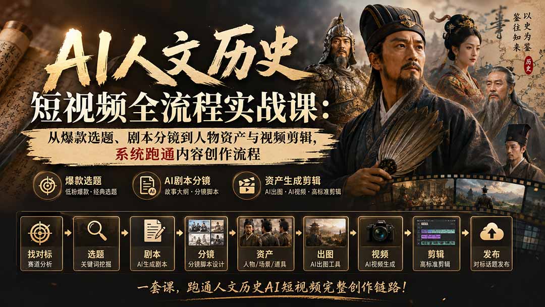 AI人文历史短视频全流程实战课-更新：从爆款选题、剧本分镜到人物资产与视频剪辑，系统跑通内容创作流程-源创文化