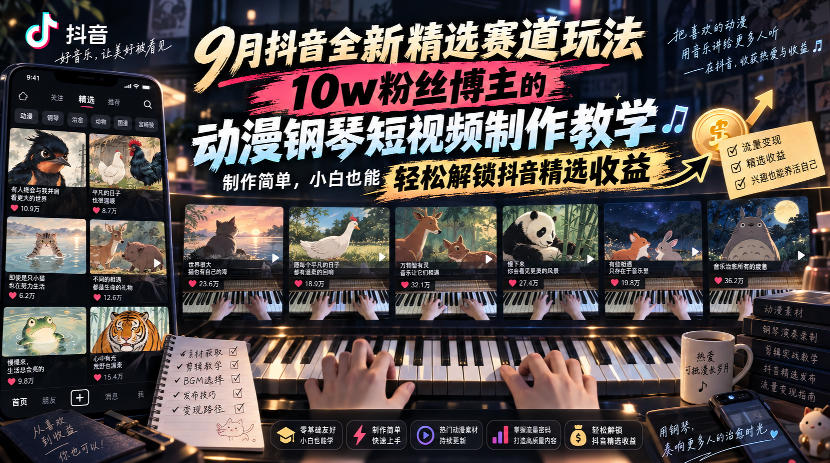 9月抖音全新精选赛道玩法，10w粉丝博主的动漫钢琴短视频制作教学，制作简单，小白也能轻松解锁抖音精选收益-源创文化