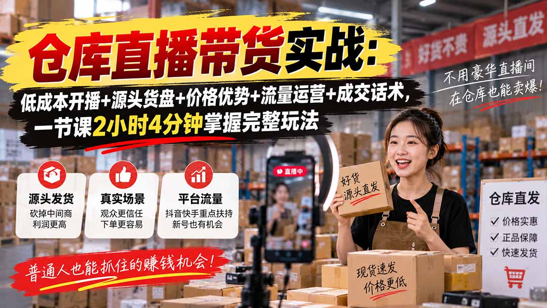 仓库直播带货实战：低成本开播+源头货盘+价格优势+流量运营+成交话术，一节课2小时4分钟掌握完整玩法-源创文化