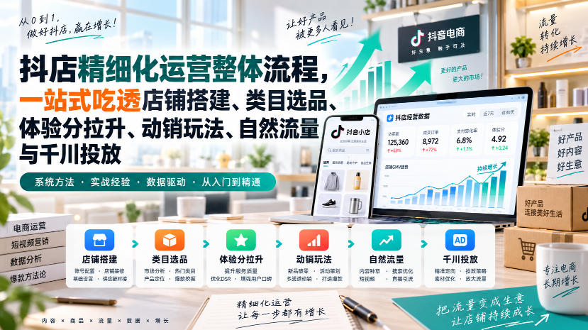 李哥电商-抖店精细化运营整体流程，一站式吃透店铺搭建、类目选品、体验分拉升、动销玩法、自然流量与千川投放-源创文化