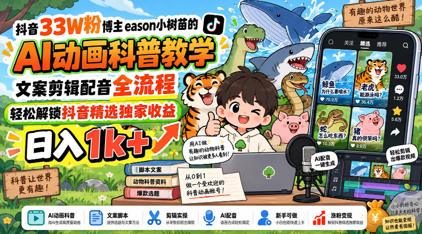 抖音33W粉博主eason小树苗的AI动画科普教学，文案剪辑配音全流程，轻松解锁抖音精选独家收益，日入1k+-源创文化