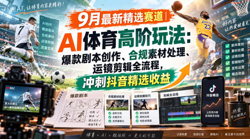 某大佬的9月最新精选赛道之AI体育顶级玩法,爆款剧本创作、版权规避、运镜剪辑全流程,稳拿抖音精选收益-源创文化