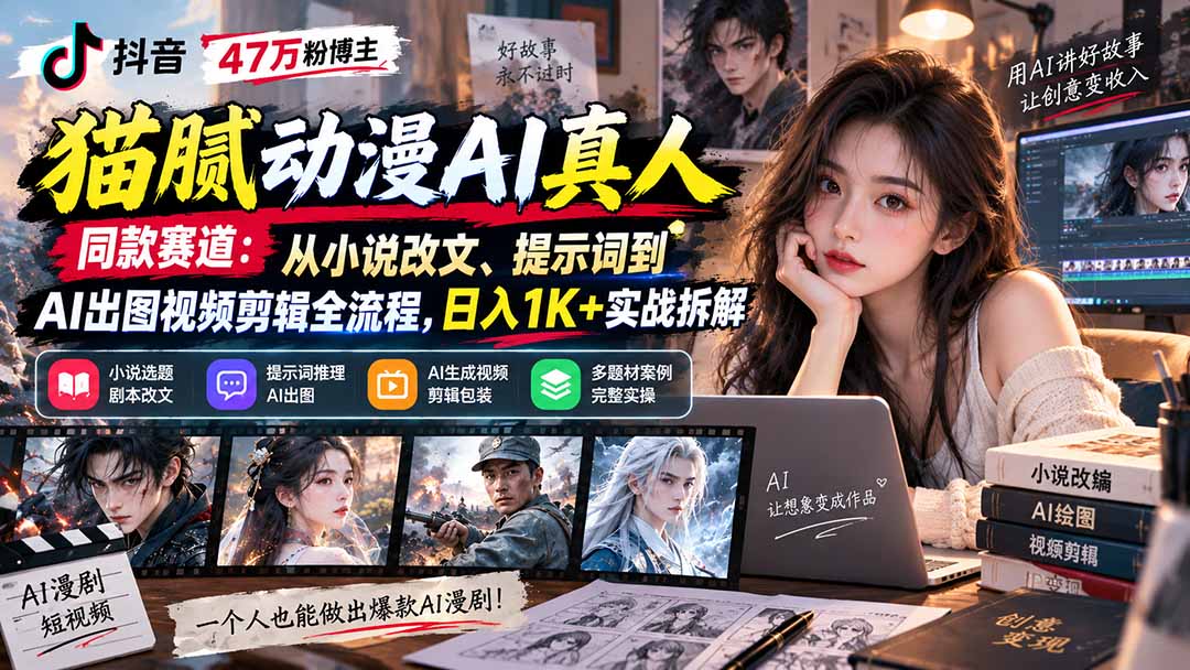 抖音47万粉博主猫腻动漫AI真人同款赛道：从小说改文、提示词到AI出图视频剪辑全流程，日入1K+实战拆解-源创文化