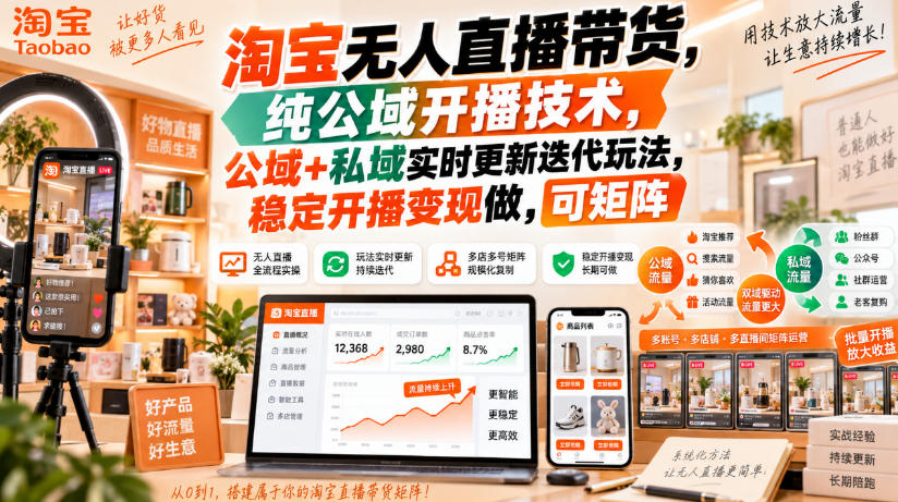 淘宝无人直播带货,纯公域开播技术,公域+私域实时更新迭代玩法,稳定开播变现做,可矩阵【揭秘】-源创文化