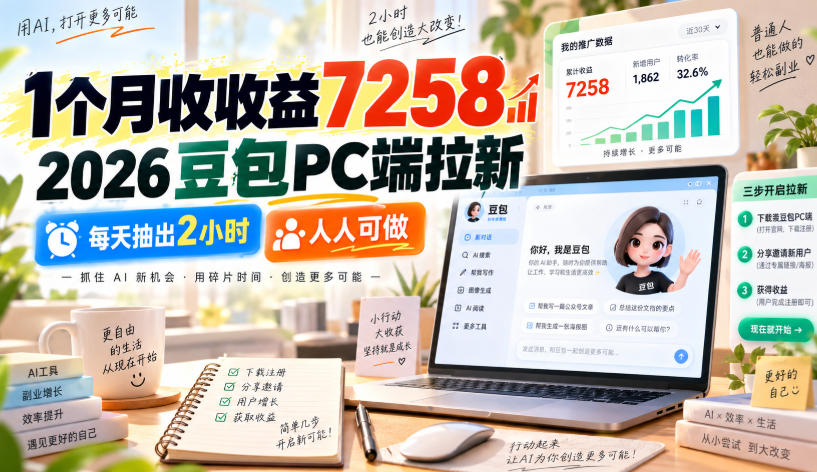 1个月收收益7258,2026豆包PC端拉新,每天抽出2小时,人人可做-源创文化