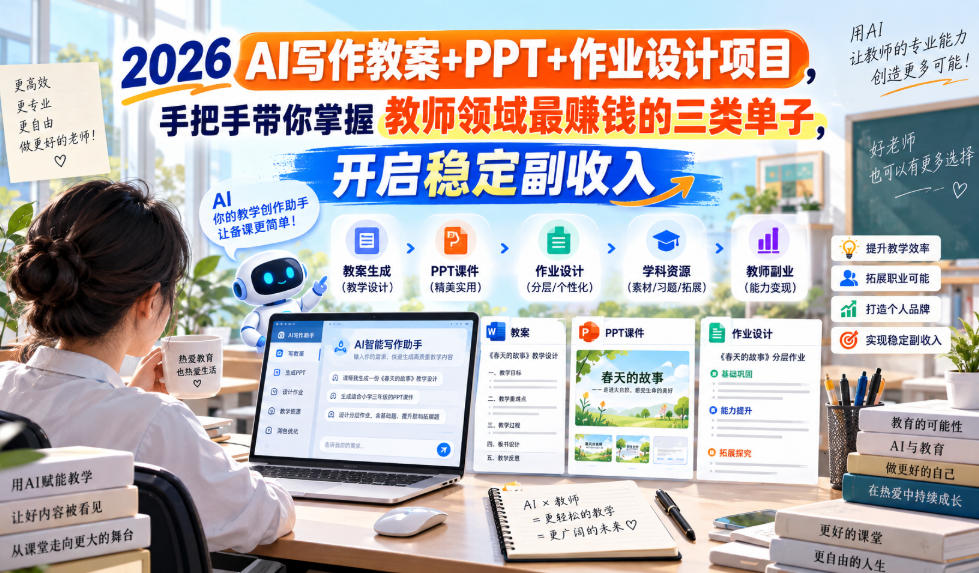 2026 AI写作教案+PPT+作业设计项目，手把手带你掌握教师领域最賺钱的三类单子，开启稳定副收入-源创文化