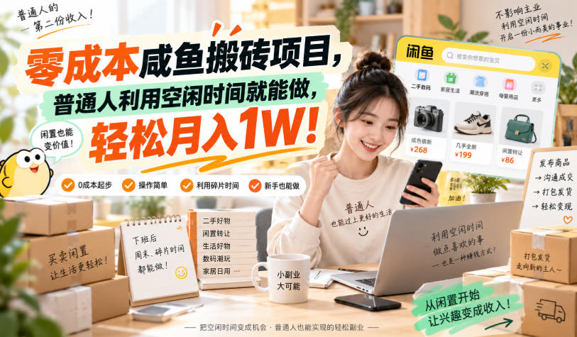 零成本咸鱼搬砖项目，普通人利用空闲时间就能做，轻松月入1W！【揭秘】-源创文化