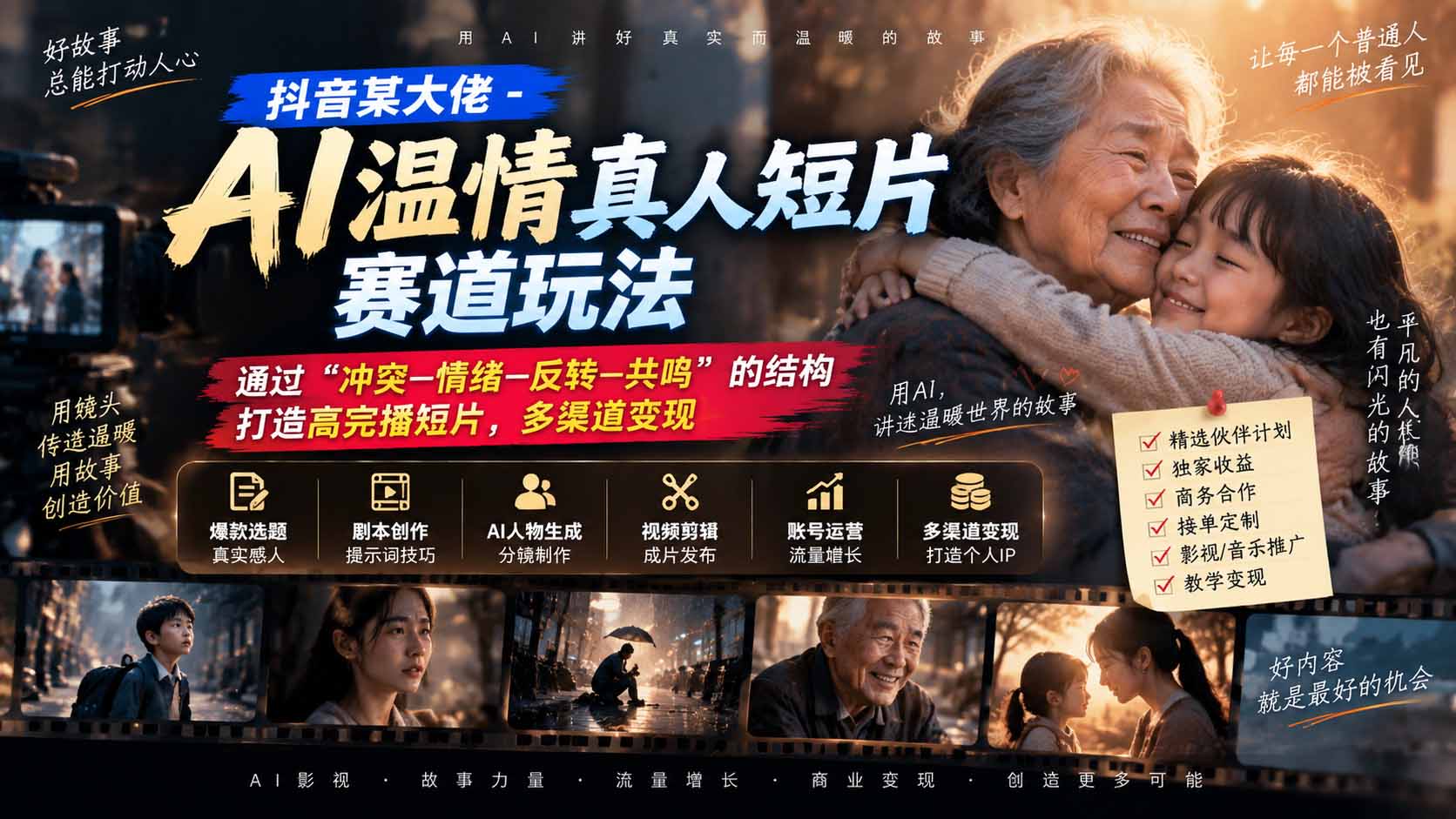 抖音某大佬-AI温情真人短片赛道玩法：通过“冲突—情绪—反转—共鸣”的结构打造高完播短片，多渠道变现-源创文化