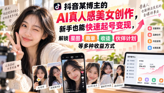 抖音某博主的AI真人感美女创作,新手也能快速起号变现,解锁星图,商单,收徒,伙伴计划等多种收益方式-源创文化