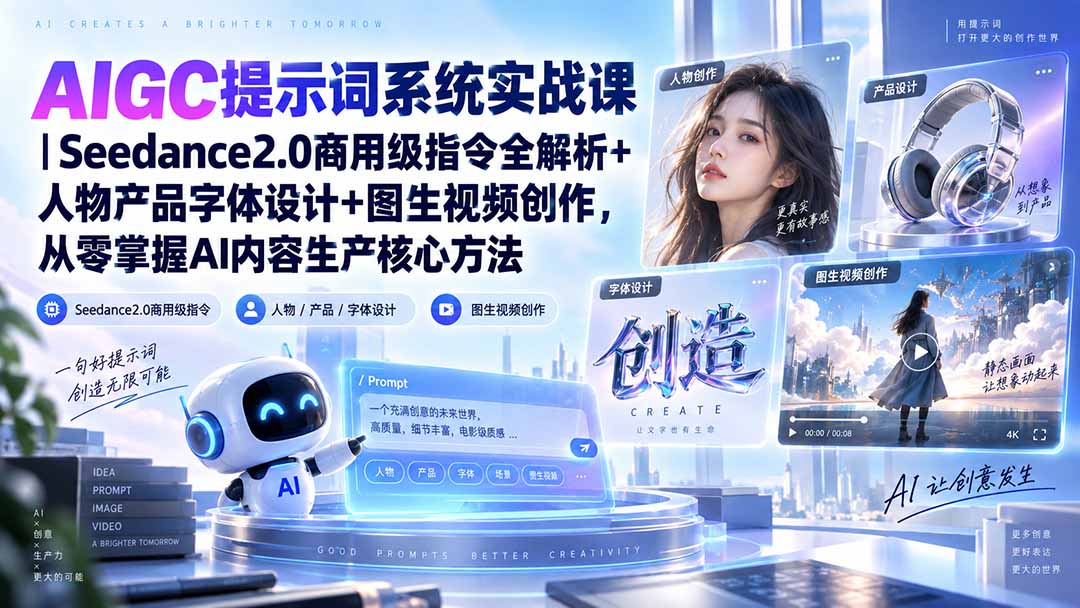 AIGC提示词系统实战课-无水印|Seedance2.0商用级指令全解析+人物产品字体设计+图生视频创作,掌握AI内容生产方法-源创文化