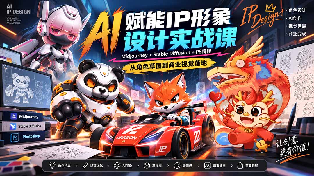 AI赋能IP形象设计实战课-无水印:Midjourney+Stable Diffusion+PS精修,从角色草图到商业视觉落地-源创文化