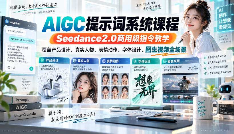 AIGC提示词系统课程,Seedance2.0商用级指令教学,覆盖产品设计、真实人物、表情动作、字体设计、图生视频全场景-源创文化