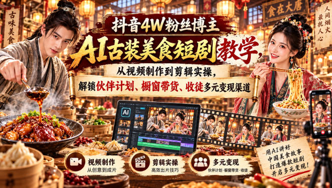 抖音4W粉丝博主AI古装美食短剧教学,从视频制作到剪辑实操,解锁伙伴计划、橱窗带货、收徒多元变现渠道-源创文化