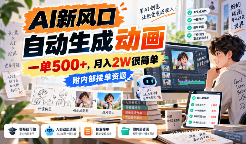AI新风口,自动生成动画,一单500+,月入2W很简单,附内部接单资源【揭秘】-源创文化