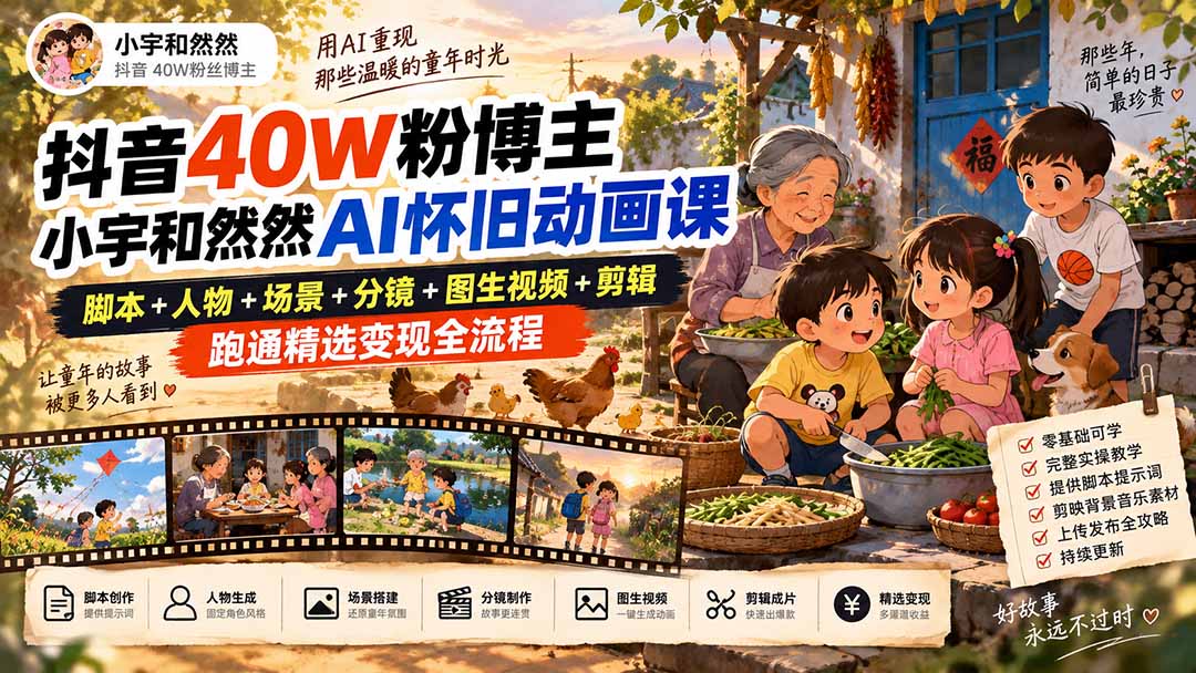 抖音40W粉博主小宇和然然AI怀旧动画课|脚本+人物+场景+分镜+图生视频+剪辑,跑通精选变现全流程-源创文化