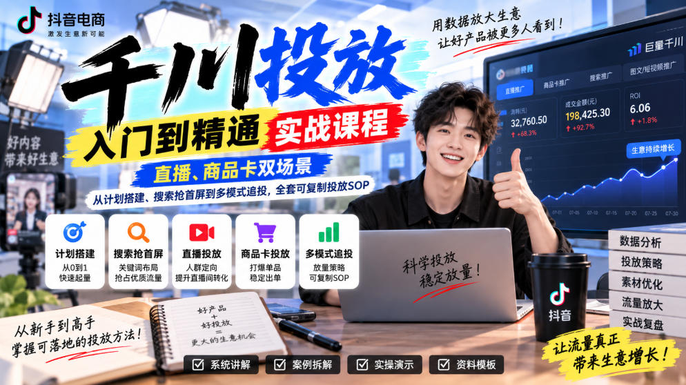 千川投放入门到精通实战课程，直播、商品卡双场景，从计划搭建、搜索抢首屏到多模式追投，全套可复制投放SOP-源创文化