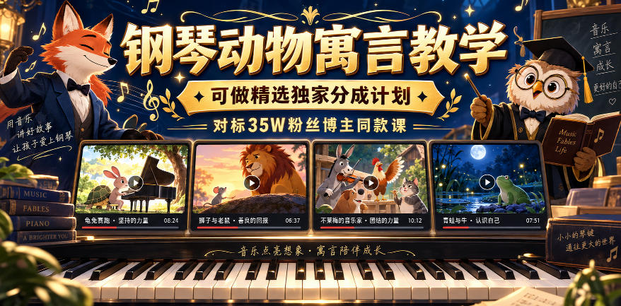钢琴动物寓言教学,可做精选独家分成计划,对标35W粉丝博主同款课-源创文化