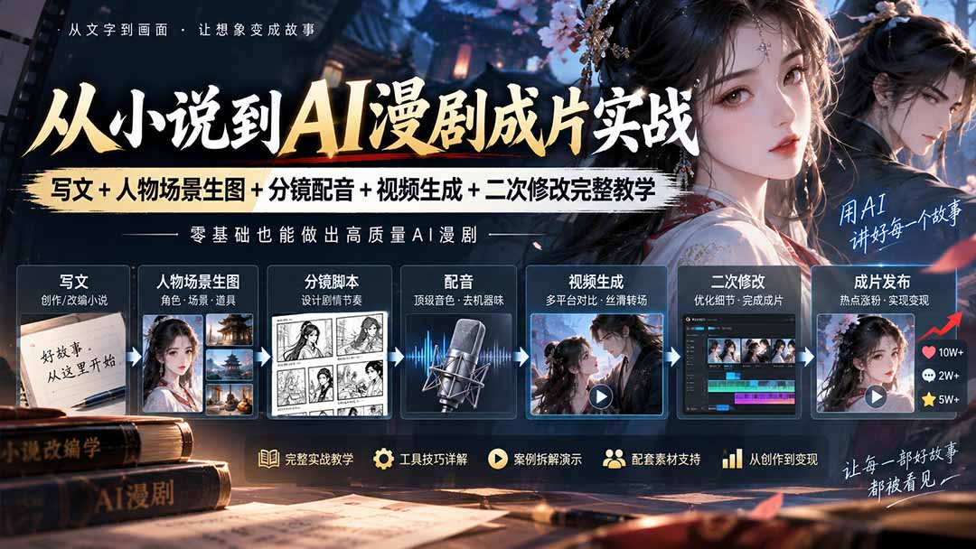 从小说到AI漫剧成片实战：写文+人物场景生图+分镜配音+视频生成+二次修改完整教学-源创文化