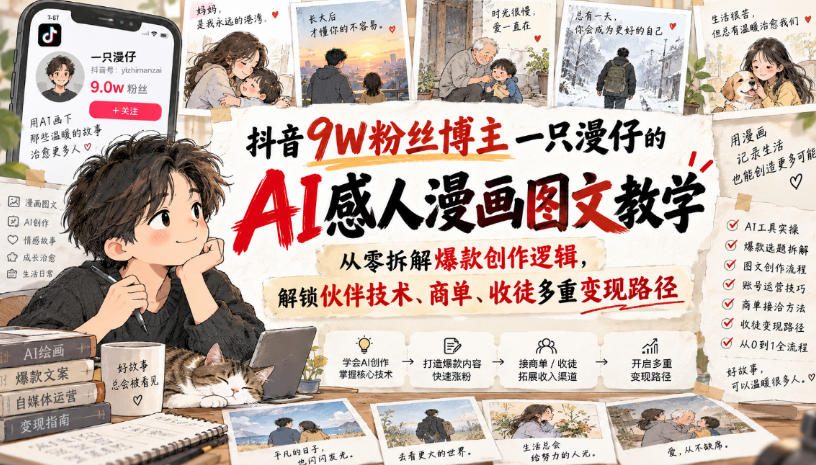 抖音9W粉丝博主一只漫仔的AI感人漫画图文教学，从零拆解爆款创作逻辑，解锁伙伴技术、商单、收徒多重变现路径-源创文化