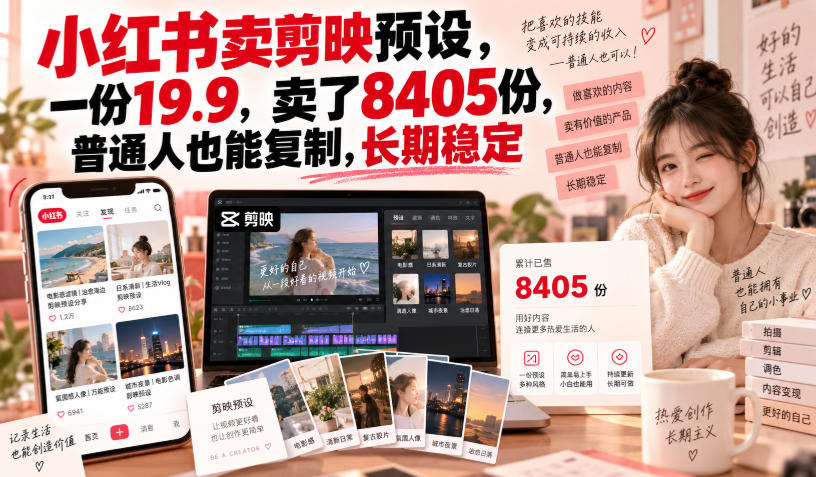 小红书卖剪映预设，一份19.9，卖了8405份，普通人也能复制，长期稳定-源创文化