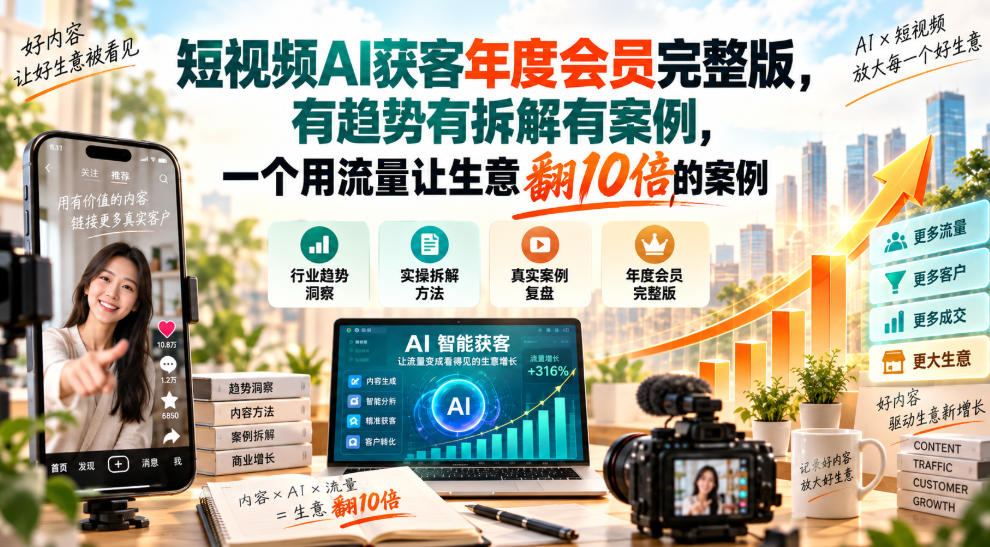 短视频AI获客年度会员完整版，有趋势有拆解有案例，一个用流量让生意翻10倍的案例-源创文化