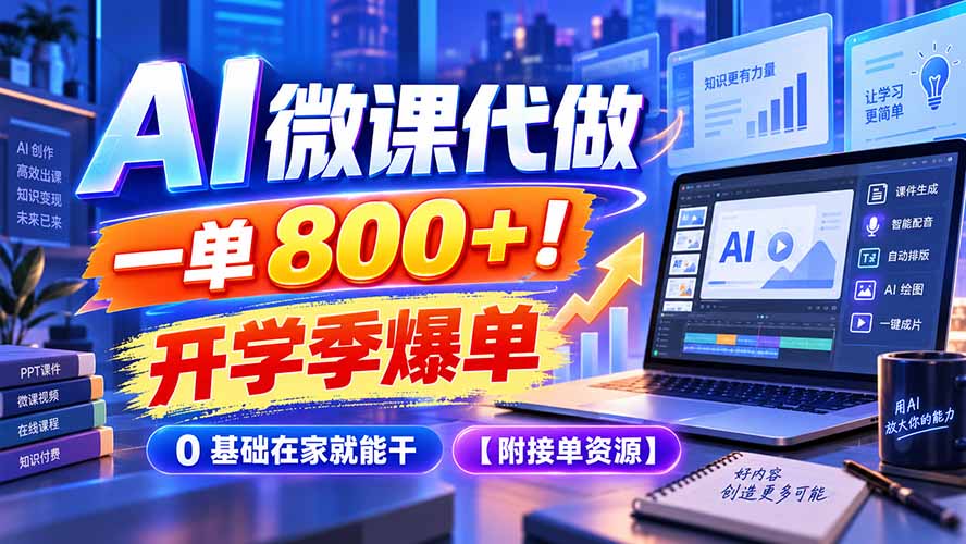 AI 微课代做，一单 800+！开学季爆单，0 基础在家就能干【附接单资源】-源创文化